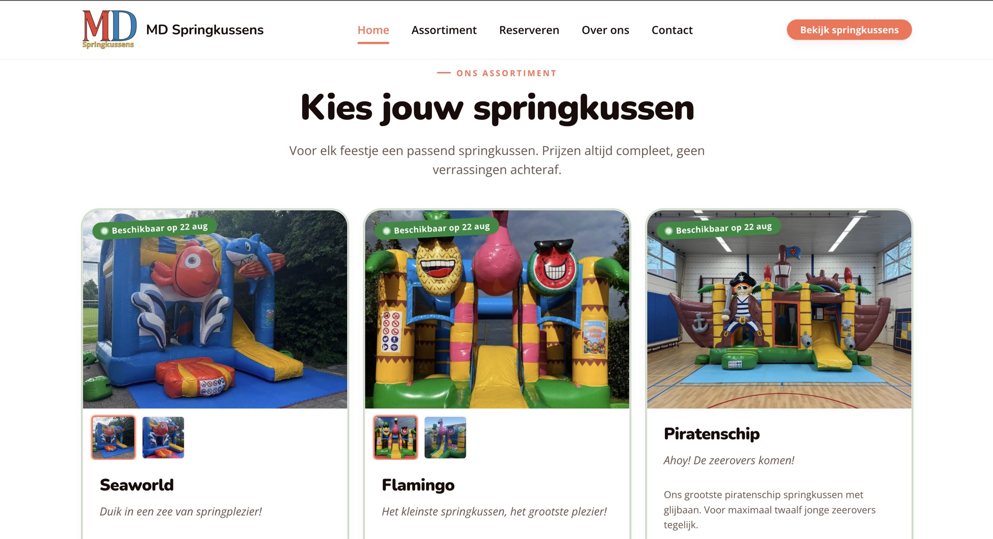 De assortimentspagina van MD Springkussens met springkussens, foto's en live beschikbaarheid