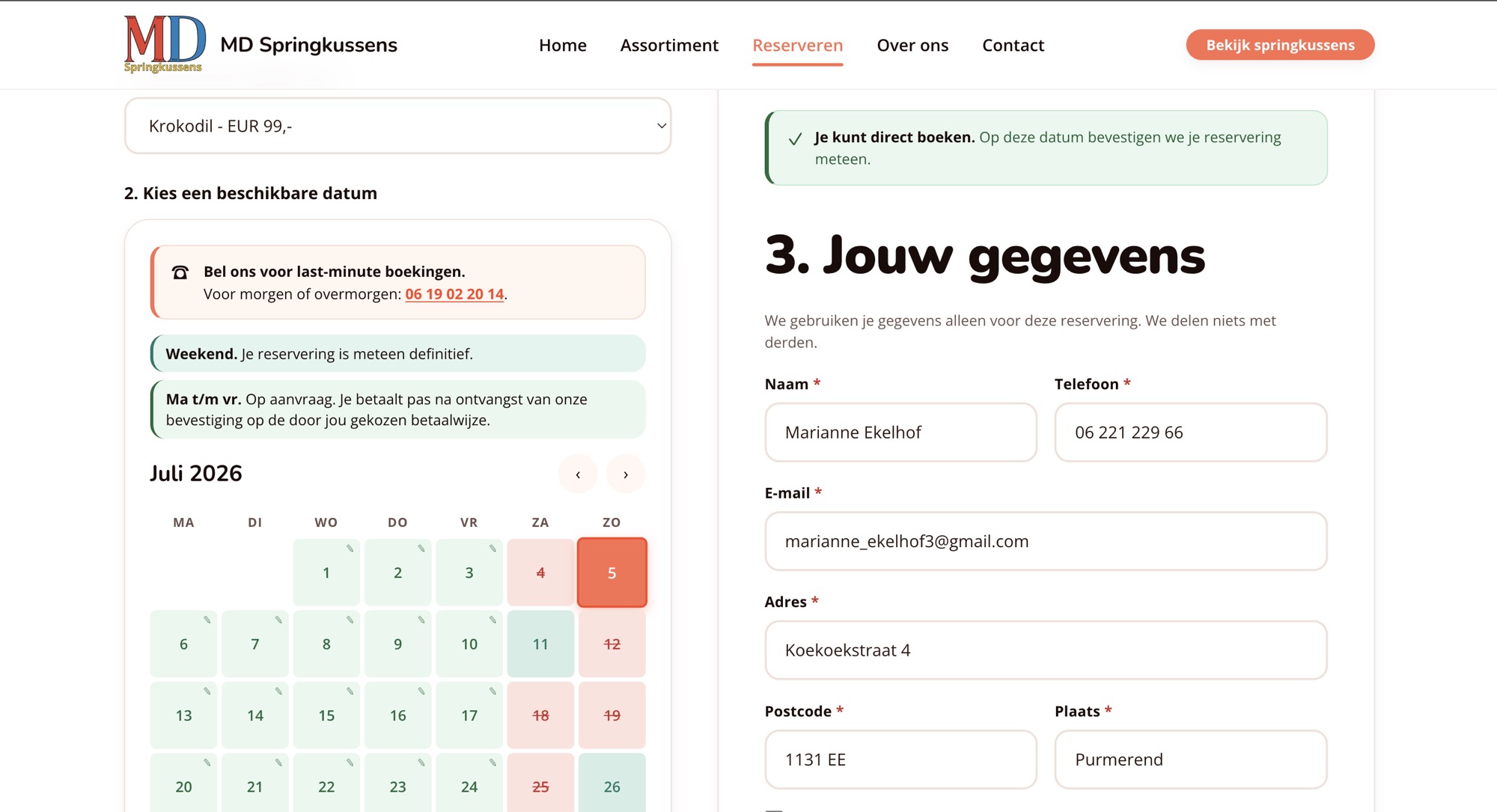 Het online boekingssysteem van MD Springkussens met beschikbaarheidskalender en reserveringsformulier