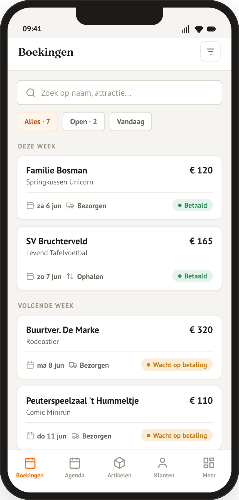 De VerhuurAgent-app met de boekingen van vandaag op de telefoon