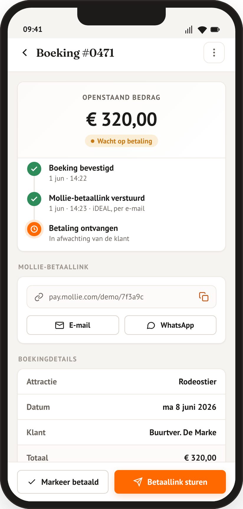 Een boeking met betaalstatus en Mollie-betaallink in de VerhuurAgent-app